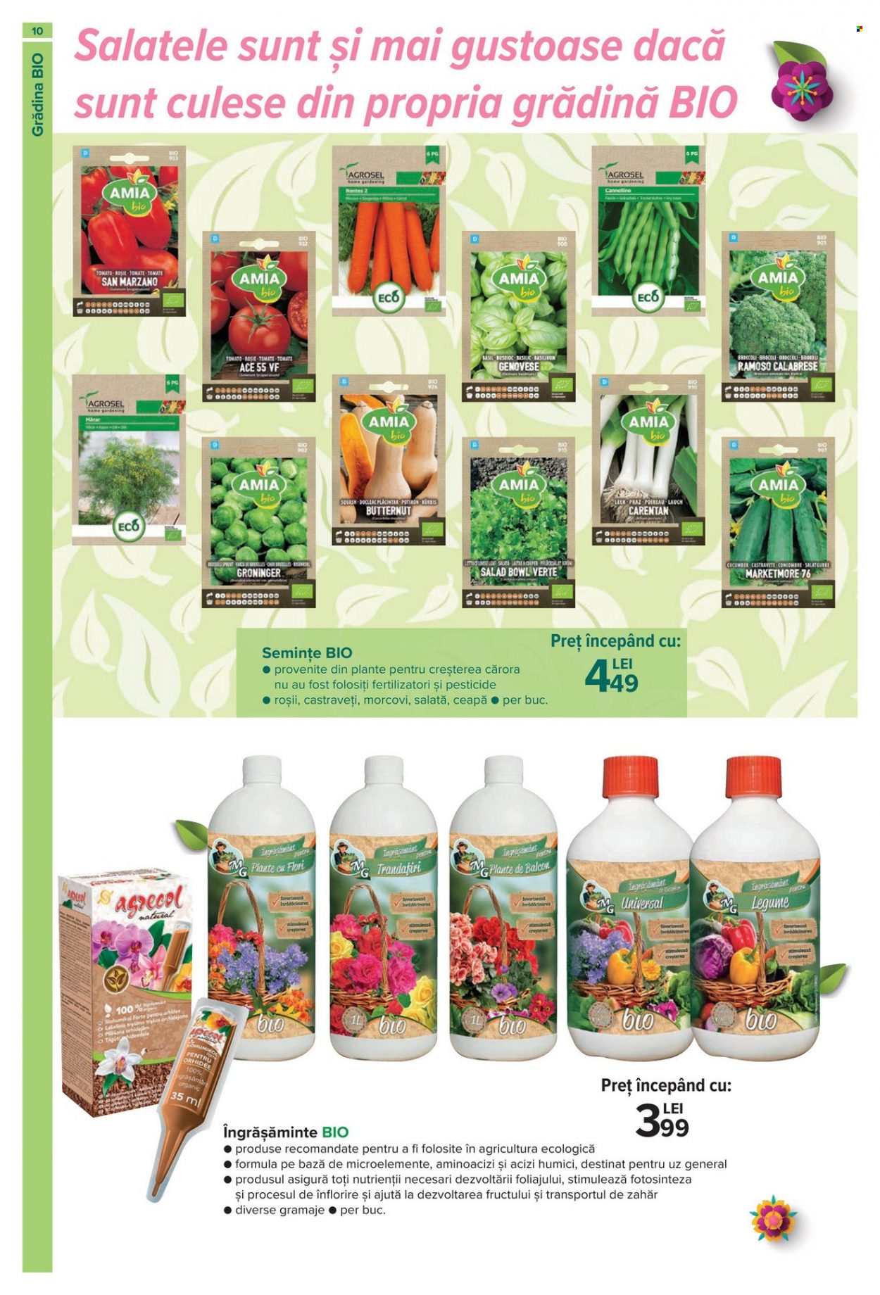 thumbnail - Cataloage Carrefour - 16.02.2023 - 12.04.2023 - Produse în vânzare - broccoli, morcovi, salată, praz, roșie, fasole, castravețe, semințe, trandafiri, plante. Pagina 10.
