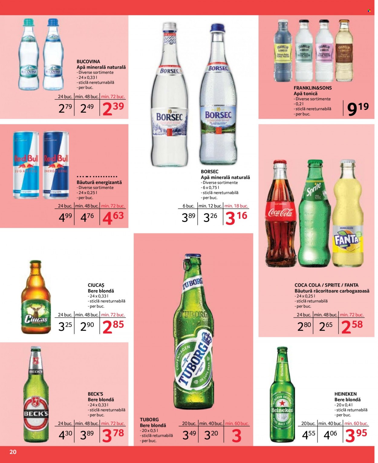 thumbnail - Cataloage Selgros - 01.03.2023 - 31.03.2023 - Produse în vânzare - bere blondă, Tuborg, Heineken, bere, Coca-Cola, băutură răcoritoare, Fanta, Sprite, băutură energizantă, apă minerală, apă tonică. Pagina 20.