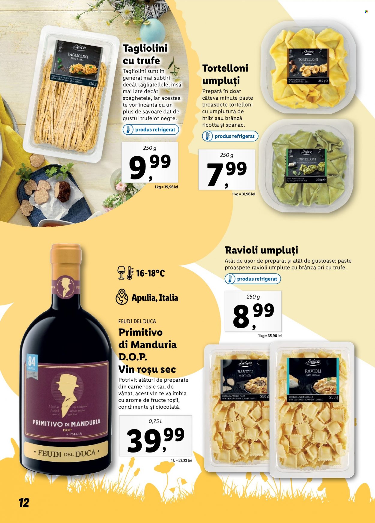 thumbnail - Cataloage Lidl - Produse în vânzare - alcool, ciocolată, tortellini, ravioli, paşte, vin roşu, vin. Pagina 12.