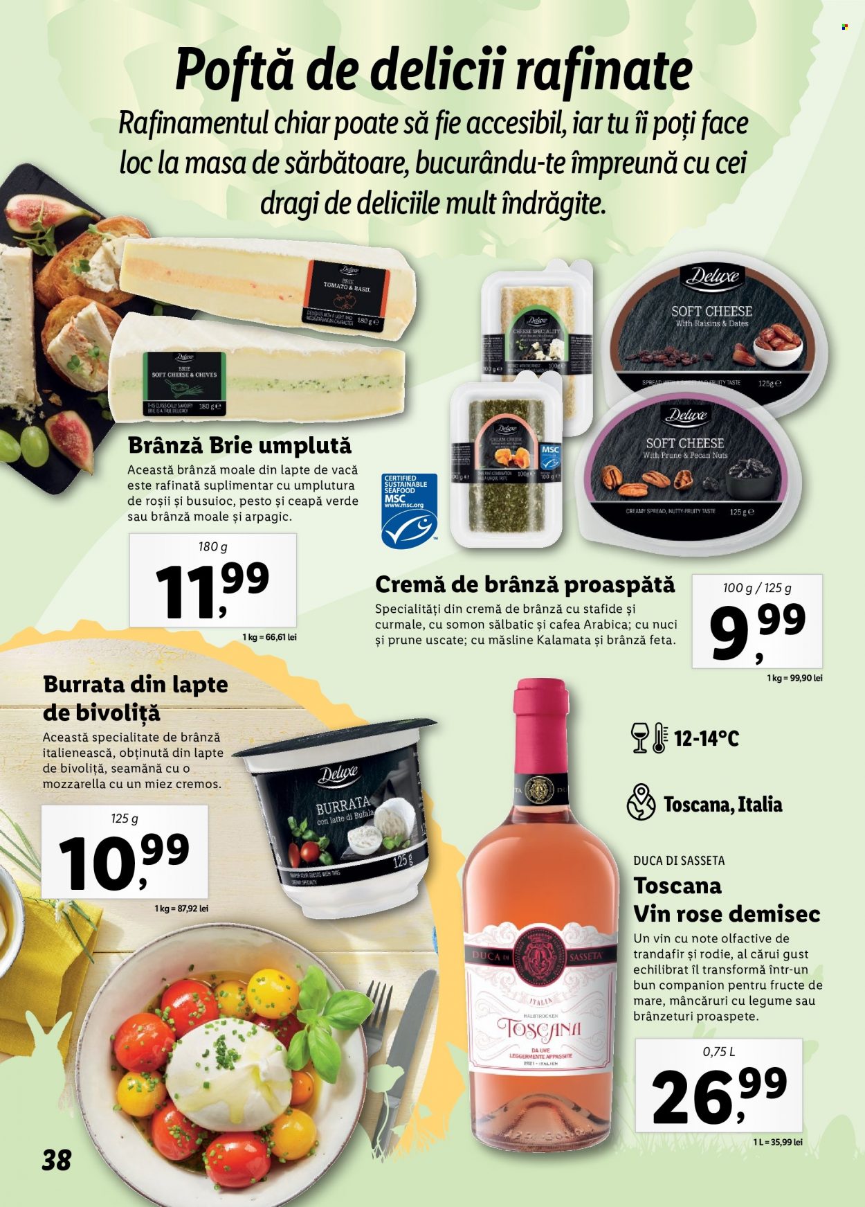 thumbnail - Cataloage Lidl - Produse în vânzare - alcool, ceapă verde, roșie, fructe de mare, brânză proaspătă, brie, mozzarella, cremă de brânză, burrata, pesto, vin rose, vin. Pagina 38.