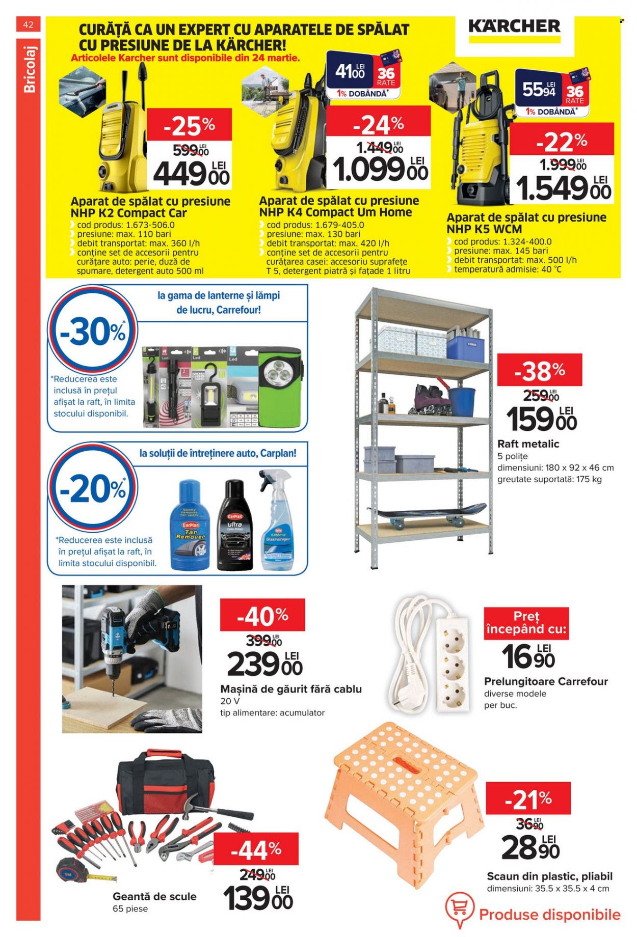 thumbnail - Cataloage Carrefour - 15.03.2023 - 18.05.2023 - Produse în vânzare - detergent, perie, Kärcher, raft metalic, scaun, aparat de spălat cu presiune. Pagina 42.