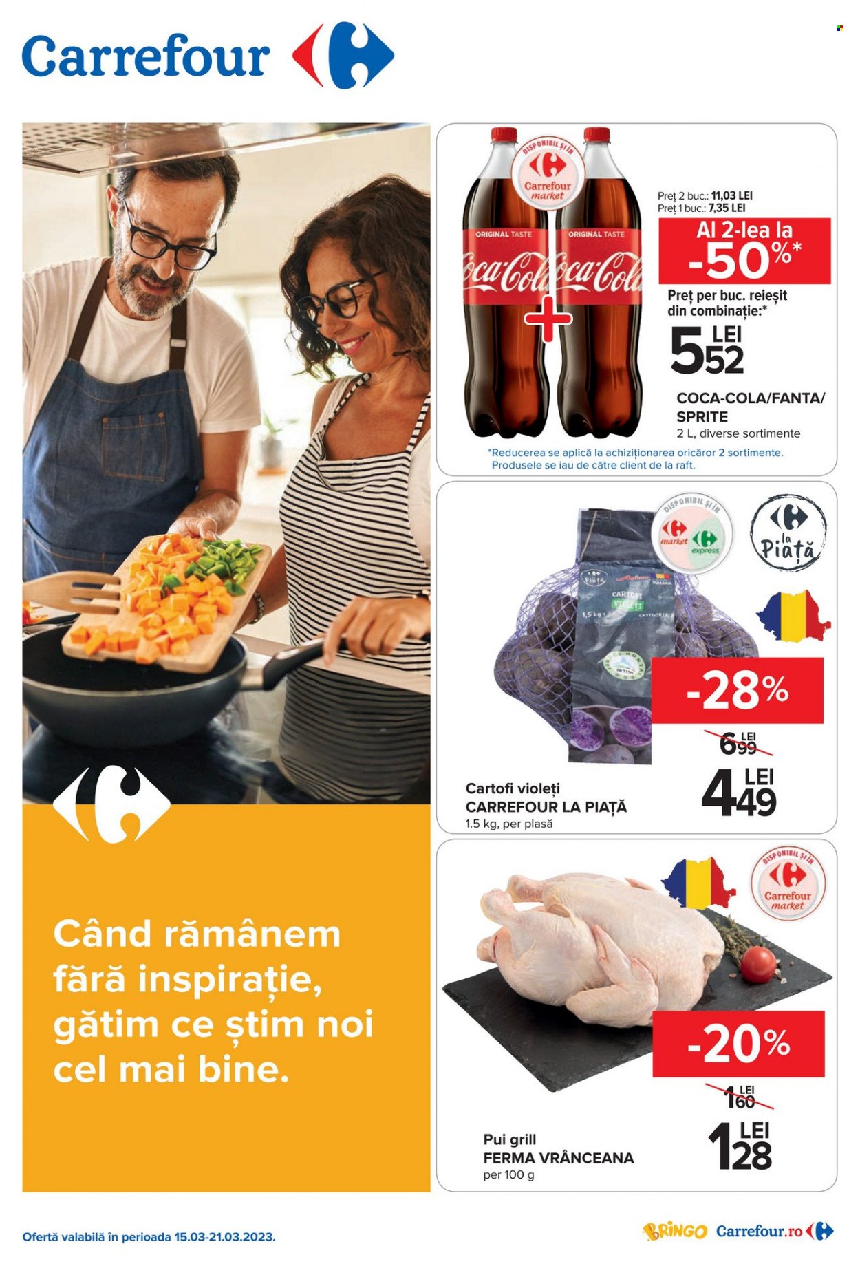 thumbnail - Cataloage Carrefour - 15.03.2023 - 21.03.2023 - Produse în vânzare - cartofi, pui întreg, carne de pui, pui grill, Coca-Cola, Fanta, Sprite. Pagina 1.