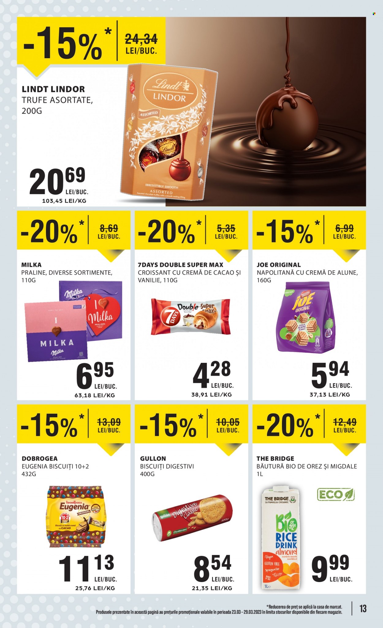 thumbnail - Cataloage Mega Image - 23.03.2023 - 29.03.2023 - Produse în vânzare - croissant, Milka, biscuiți, Nestlé, praline, Lindt, napolitane, orez. Pagina 13.