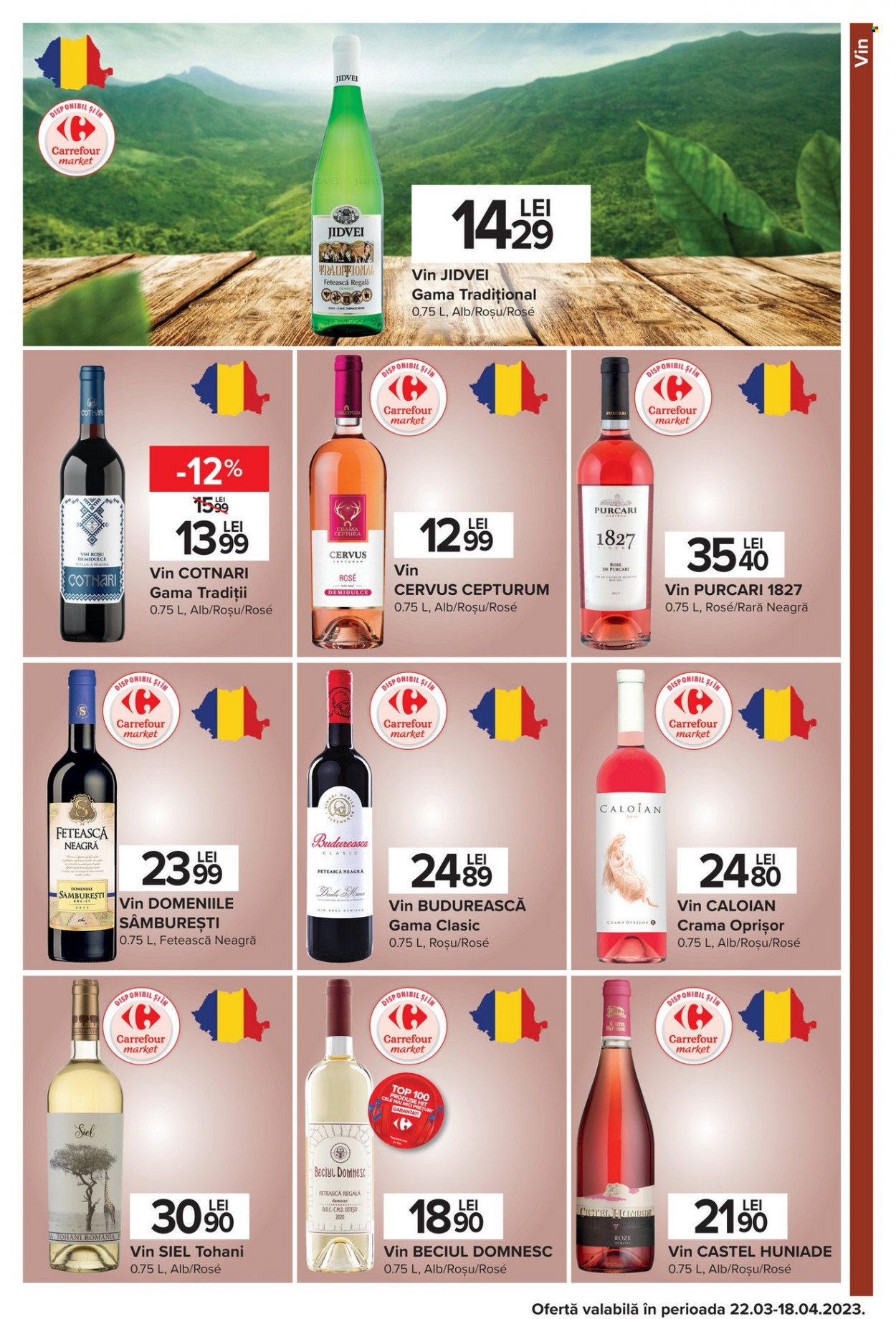 thumbnail - Cataloage Carrefour - 29.03.2023 - 09.04.2023 - Produse în vânzare - alcool, Fetească Neagră, vin roşu, Budureasca, vin, Purcari, Jidvei. Pagina 34.