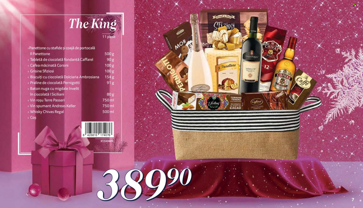 thumbnail - Cataloage Selgros - Produse în vânzare - panettone, ciocolată, biscuiți, praline, grisine, cafea măcinată, Merlot, vin roşu, vin, vin spumant, Chivas, coş. Pagina 7.