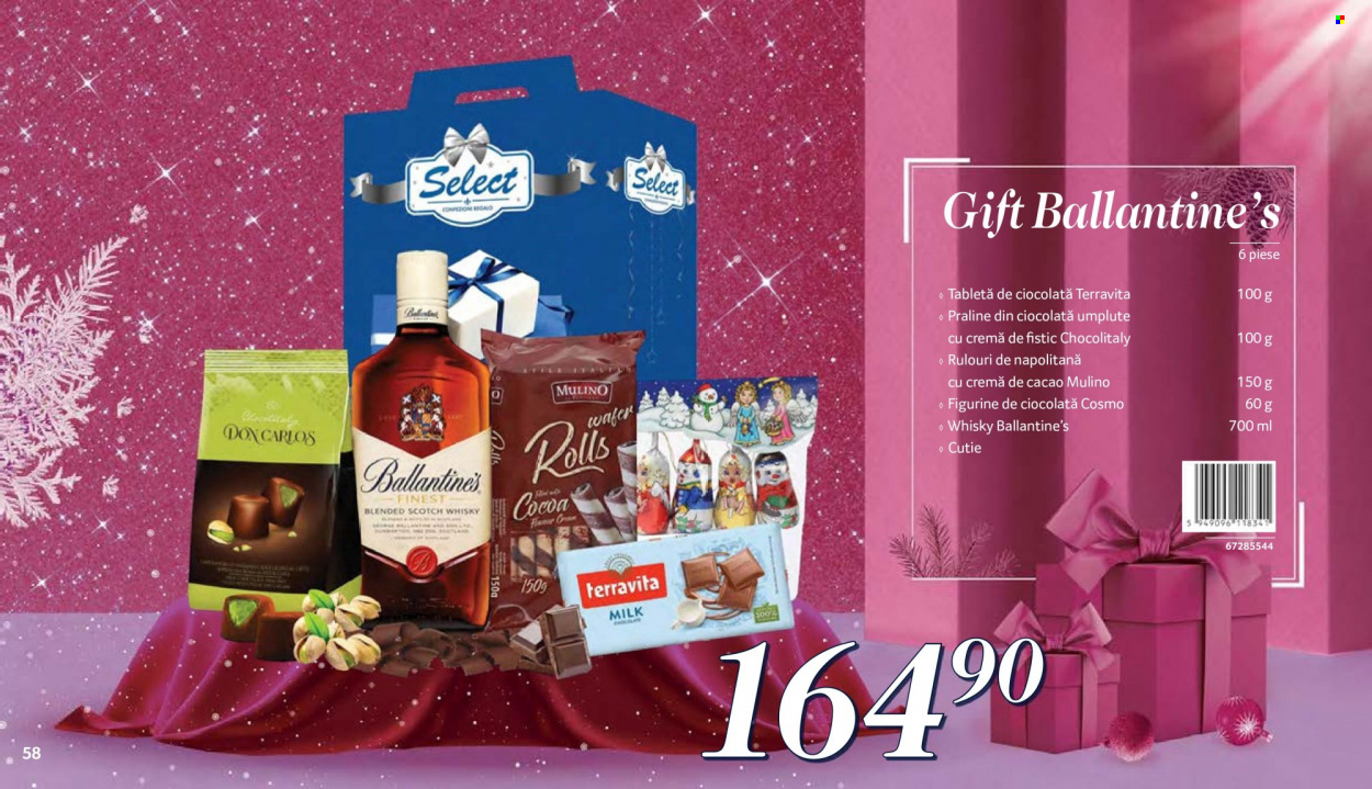 thumbnail - Cataloage Selgros - Produse în vânzare - ciocolată, praline, napolitane, cremă de cacao, fistic, Scotch Whisky, Ballantine's. Pagina 58.