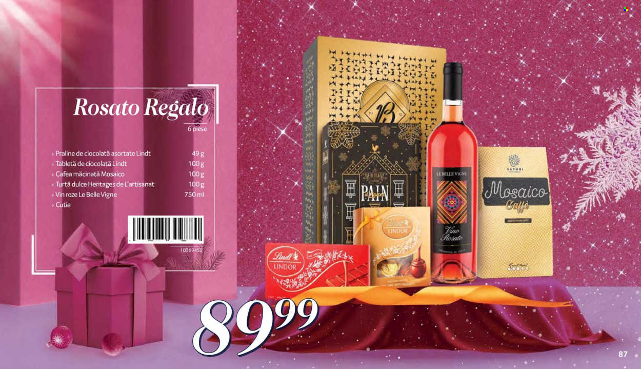 thumbnail - Cataloage Selgros - Produse în vânzare - turtă dulce, ciocolată, praline, Lindt, cafea măcinată, vin rose, vin. Pagina 87.