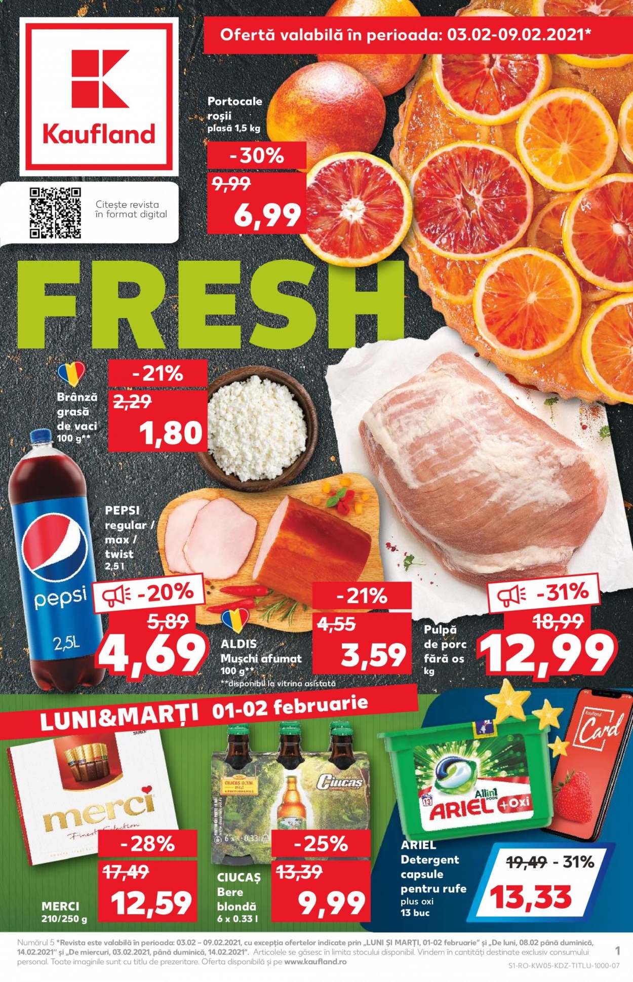 thumbnail - Cataloage Kaufland - 03.02.2021 - 09.02.2021 - Produse în vânzare - pulpă de porc, brânză, Merci, Pepsi, detergent, Ariel. Pagina 1.