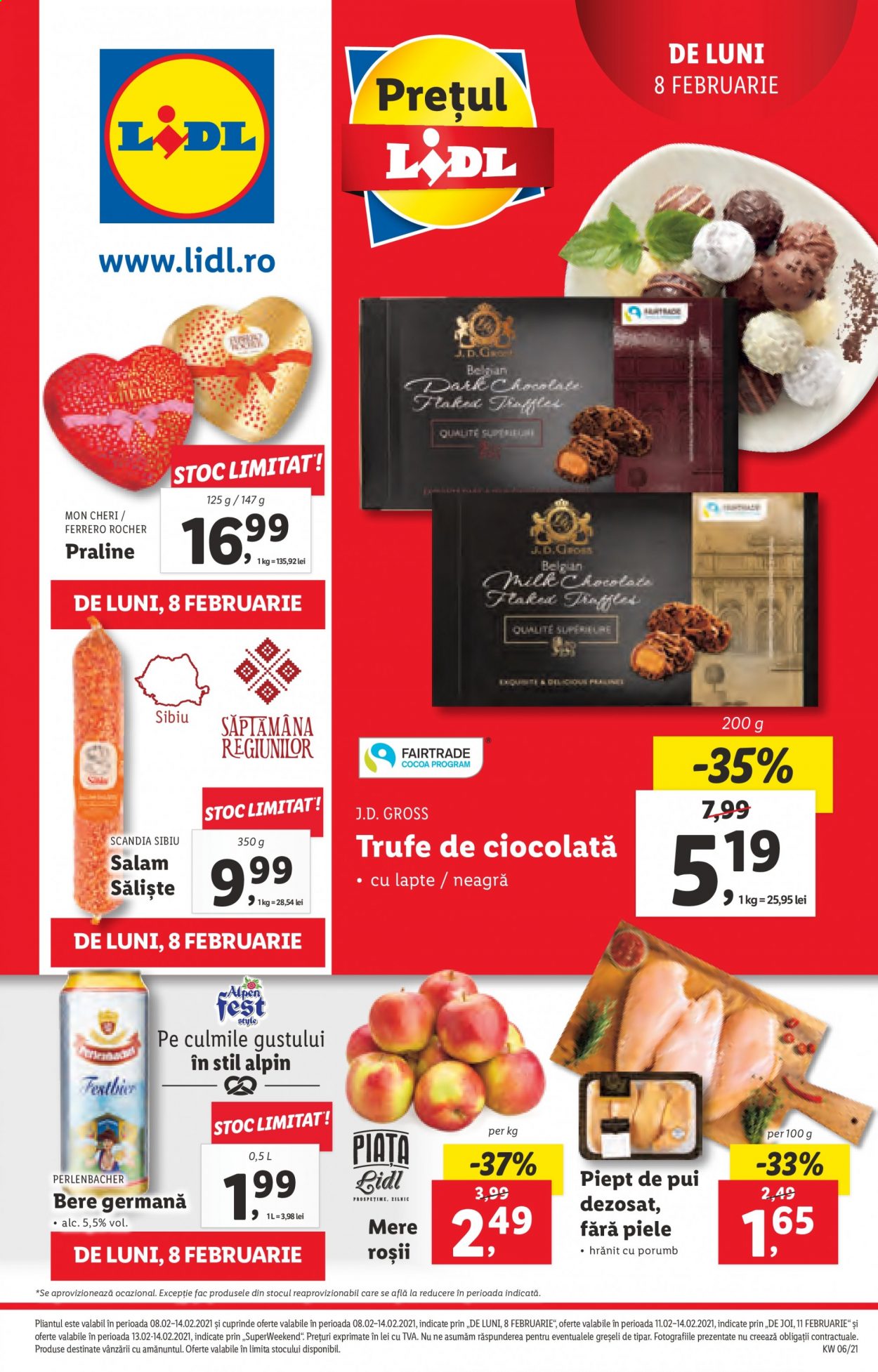 thumbnail - Cataloage Lidl - 08.02.2021 - 14.02.2021 - Produse în vânzare - piept de pui, salam, lapte, Ferrero Rocher, Mon Chéri, praline. Pagina 1.