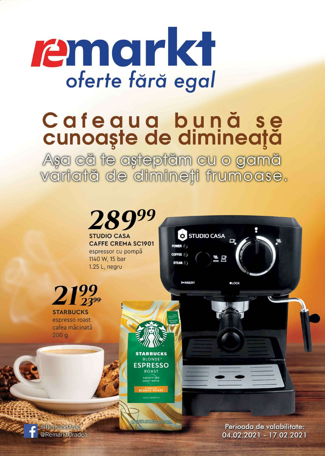 thumbnail - Cataloage remarkt - 04.02.2021 - 17.02.2021 - Produse în vânzare - cafea măcinată, espresso, Starbucks, cafea, cremă, espressor. Pagina 1.