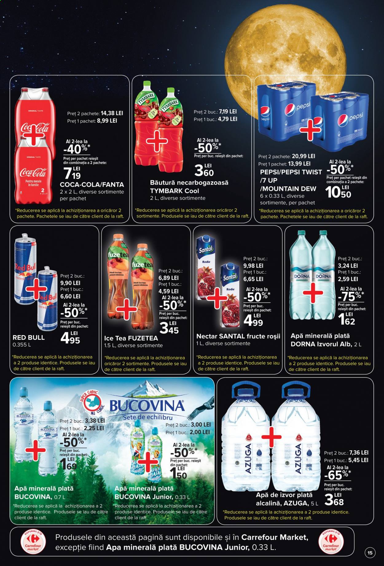 thumbnail - Cataloage Carrefour - 18.03.2021 - 24.03.2021 - Produse în vânzare - Coca-Cola, Fanta, nectar, Mountain Dew, Red Bull, Pepsi, apă de izvor plată, apă minerală. Pagina 15.