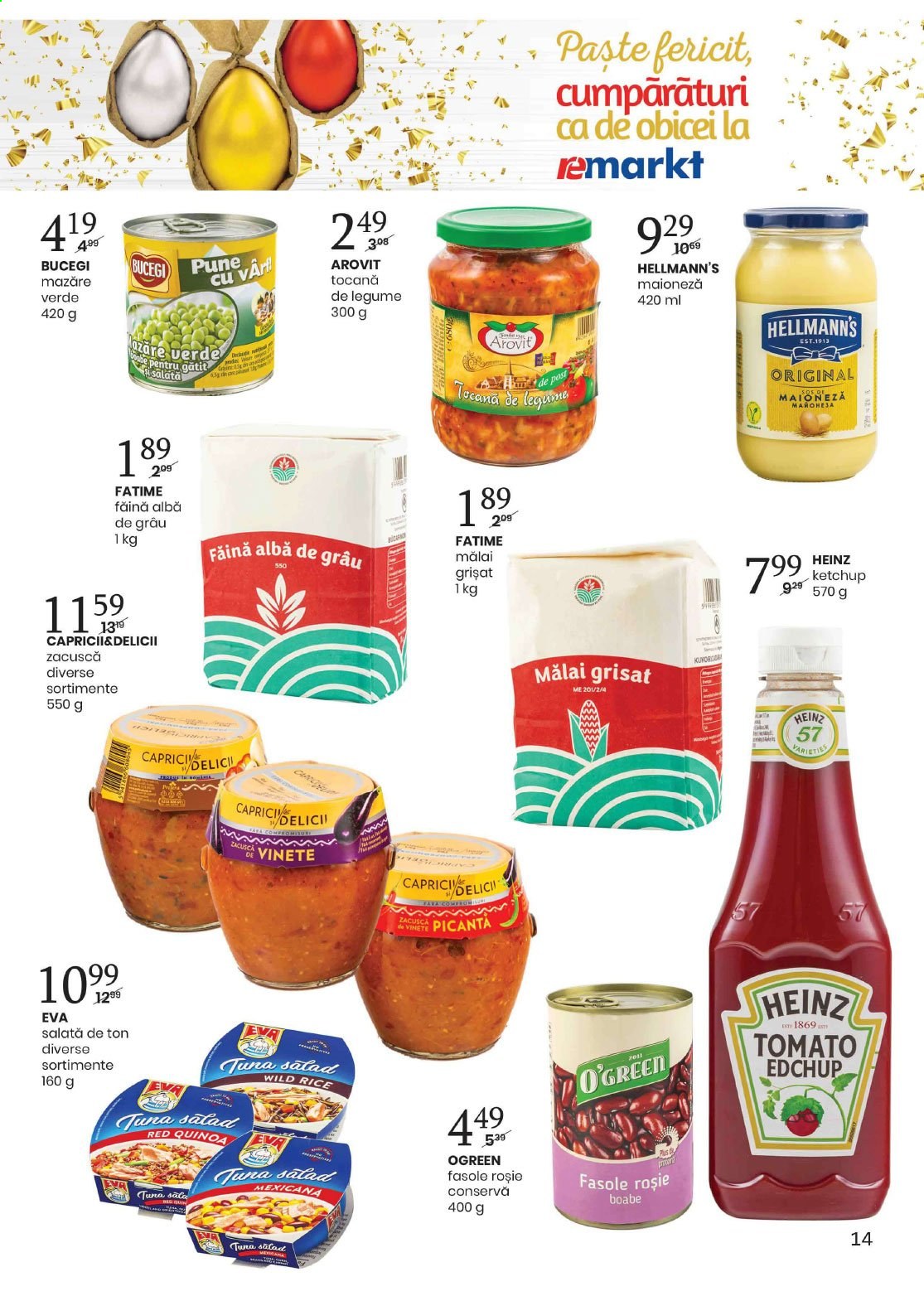 thumbnail - Cataloage remarkt - 01.04.2021 - 14.04.2021 - Produse în vânzare - mazăre, salată, vinete, Heinz, Hellmann’s, făină, făină albă, fasole, zacuscă, mălai, quinoa, paşte, ketchup. Pagina 14.