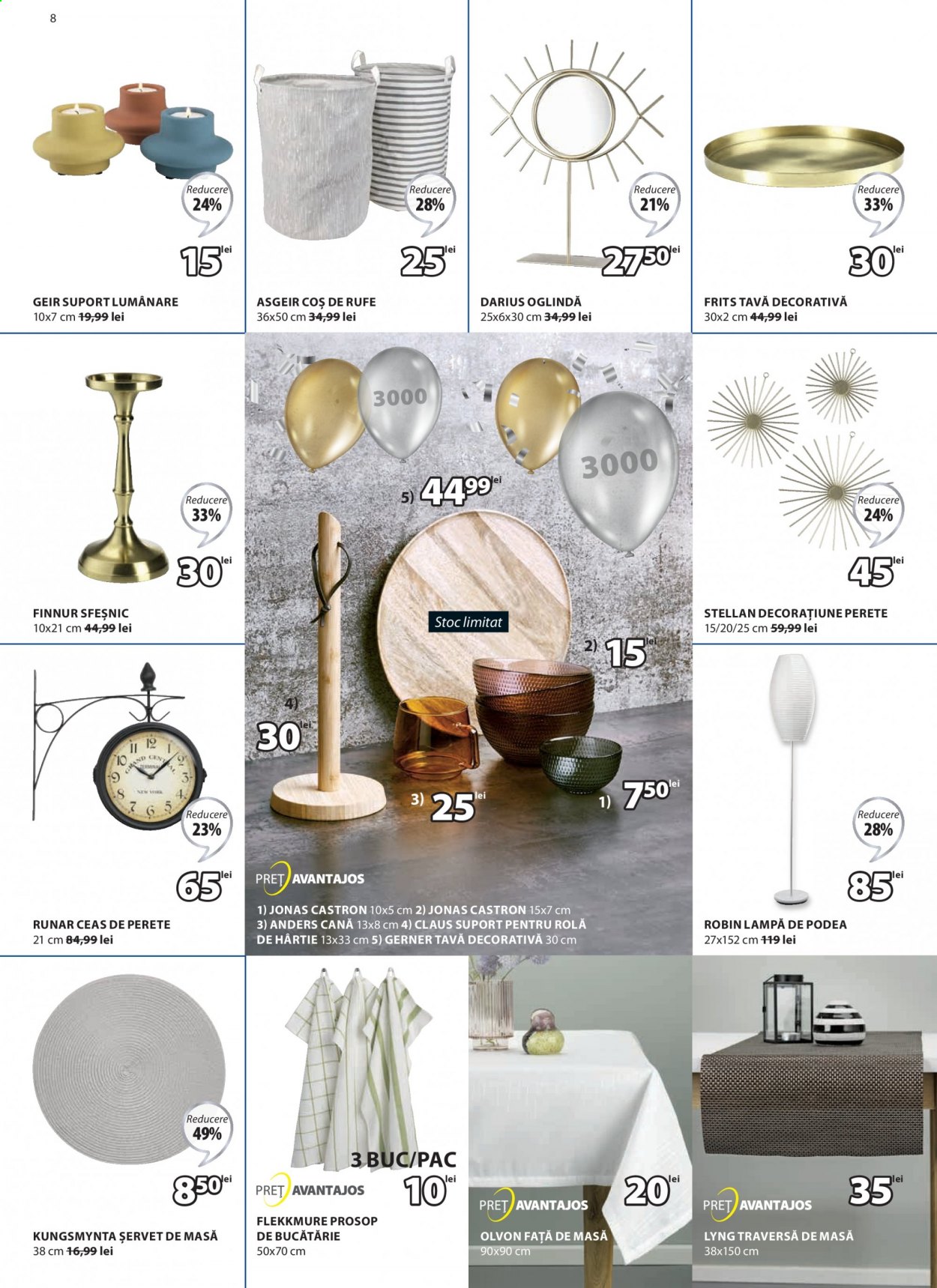 thumbnail - Cataloage JYSK - 20.05.2021 - 16.06.2021 - Produse în vânzare - prosop de bucătărie, ceas, ceas de perete, decoratiune, şervet de masă, fata de masa, oglindă, suport lumănare, lampă, lampă de podea. Pagina 8.