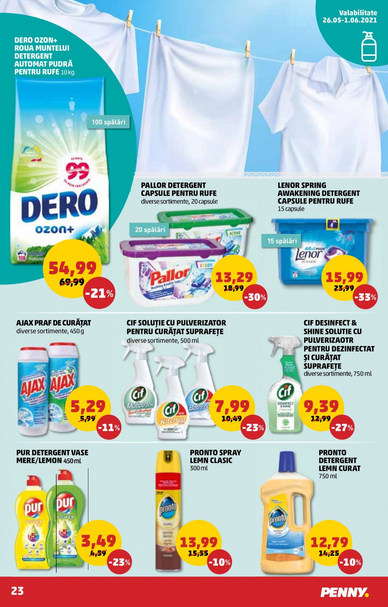 thumbnail - Cataloage PENNY - 26.05.2021 - 01.06.2021 - Produse în vânzare - mere, Ajax, Cif, detergent, Dero, detergent automat, detergent capsule, Lenor, Pur. Pagina 23.