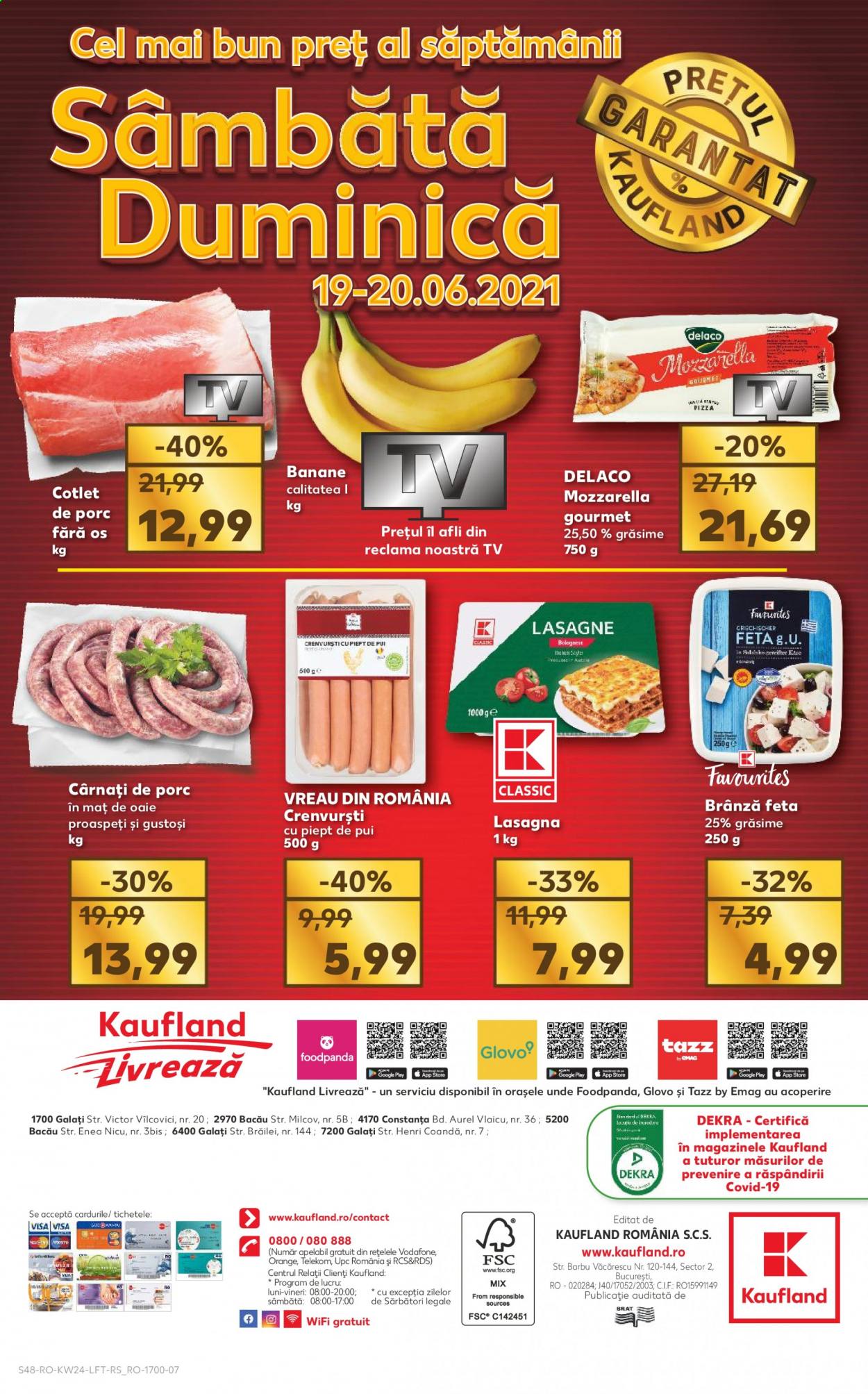 thumbnail - Cataloage Kaufland - 16.06.2021 - 22.06.2021 - Produse în vânzare - banane, cârnați de porc, pizza, lasagne, crenvurști, cârnaţi, brânză, feta, Gourmet. Pagina 48.