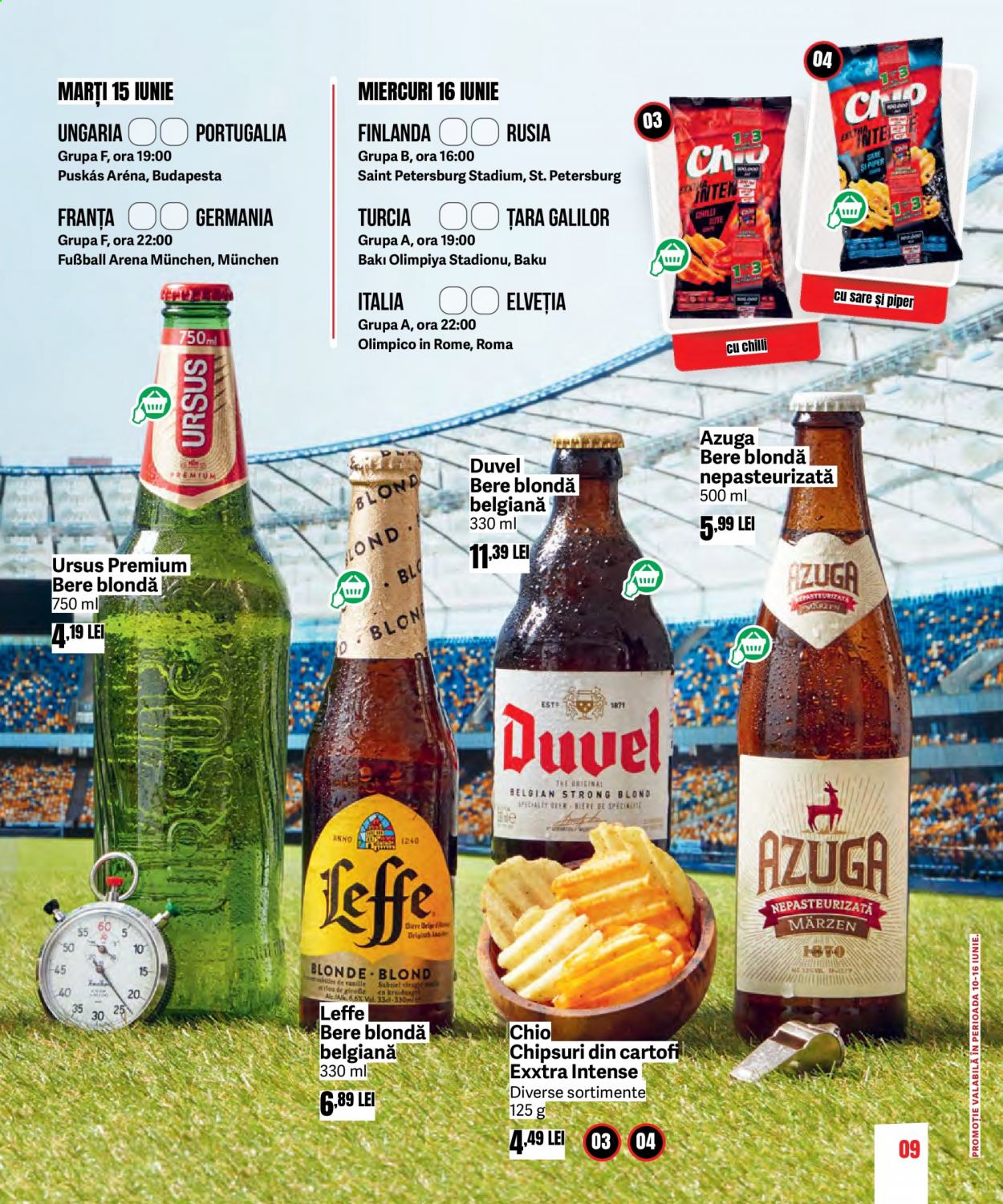 thumbnail - Cataloage Mega Image - 01.06.2021 - 31.07.2021 - Produse în vânzare - bere blondă, Ursus, Leffe, alcool, bere, Chio, chipsuri. Pagina 9.