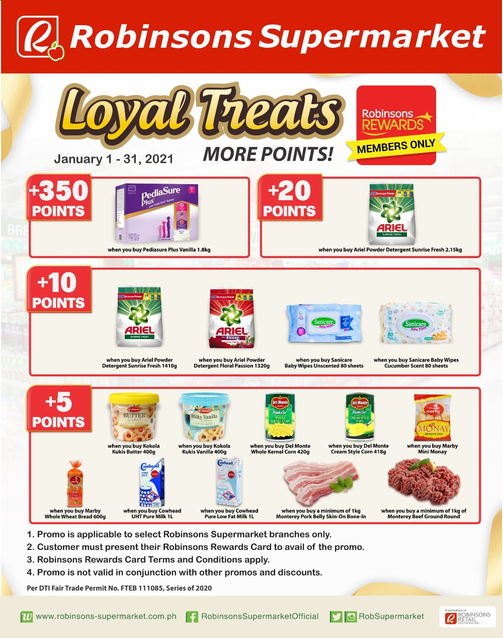 thumbnail - Robinsons Supermarket offer  - 1.1.2021 - 31.1.2021 - Sales products - wheat bread, corn, pork belly, milk, butter, cucumber, baby wipes, Sanicare, detergent, wipes, Ariel. Page 1.