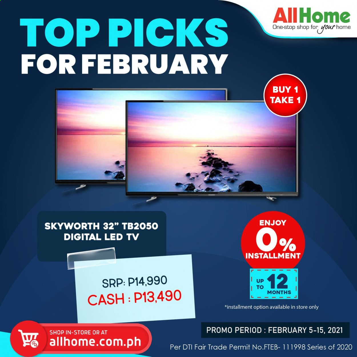 thumbnail - AllHome offer  - 1.2.2021 - 28.2.2021 - Sales products - LED TV, TV, Skyworth. Page 1.