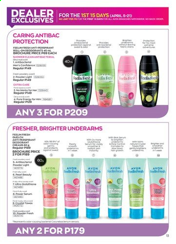 thumbnail - Avon offer  - 1.4.2021 - 30.4.2021 - Sales products - Avon, serum, anti-perspirant, roll-on, deodorant. Page 13.