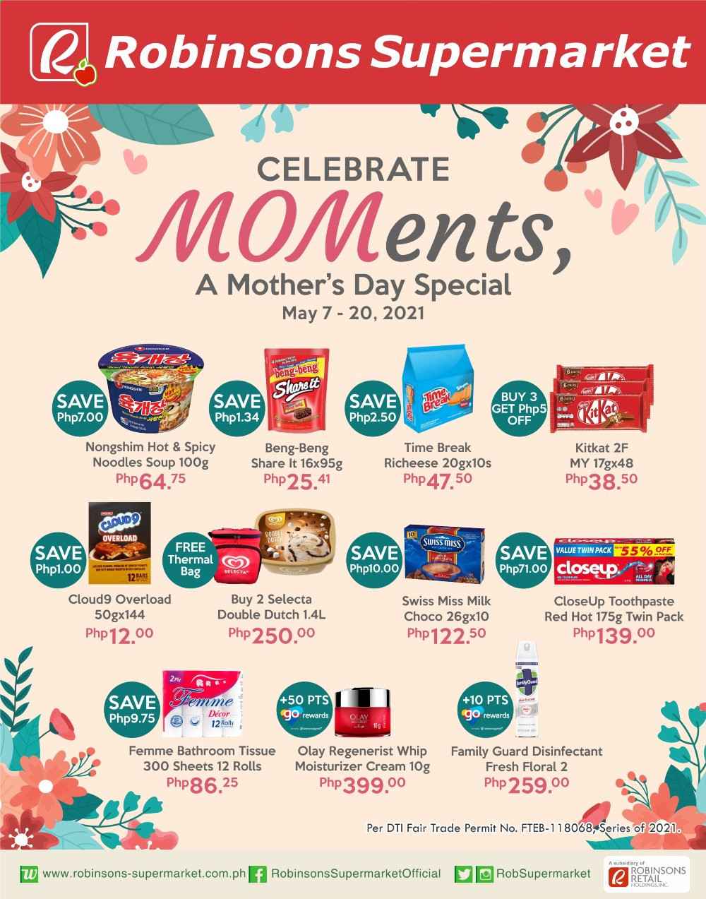 thumbnail - Robinsons Supermarket offer  - 7.5.2021 - 20.5.2021 - Sales products - soup, noodles, Swiss Miss, milk, KitKat, Cloud 9, bath tissue, desinfection, toothpaste, Closeup, moisturizer, Olay. Page 1.