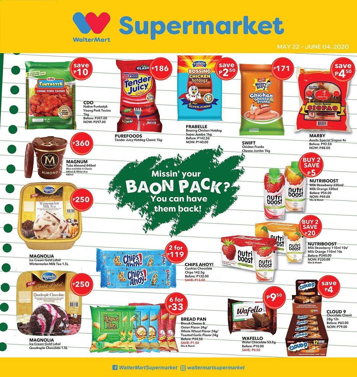 thumbnail - Walter Mart offer  - 22.5.2021 - 4.6.2021 - Sales products - oranges, hot dog rolls, bread, garlic, hot dog, chicken frankfurters, cheese, milk, Magnum, ice cream, Chips Ahoy!, Cloud 9, Nutriboost, biscuit, wafers, cookies, Boost, tea. Page 1.