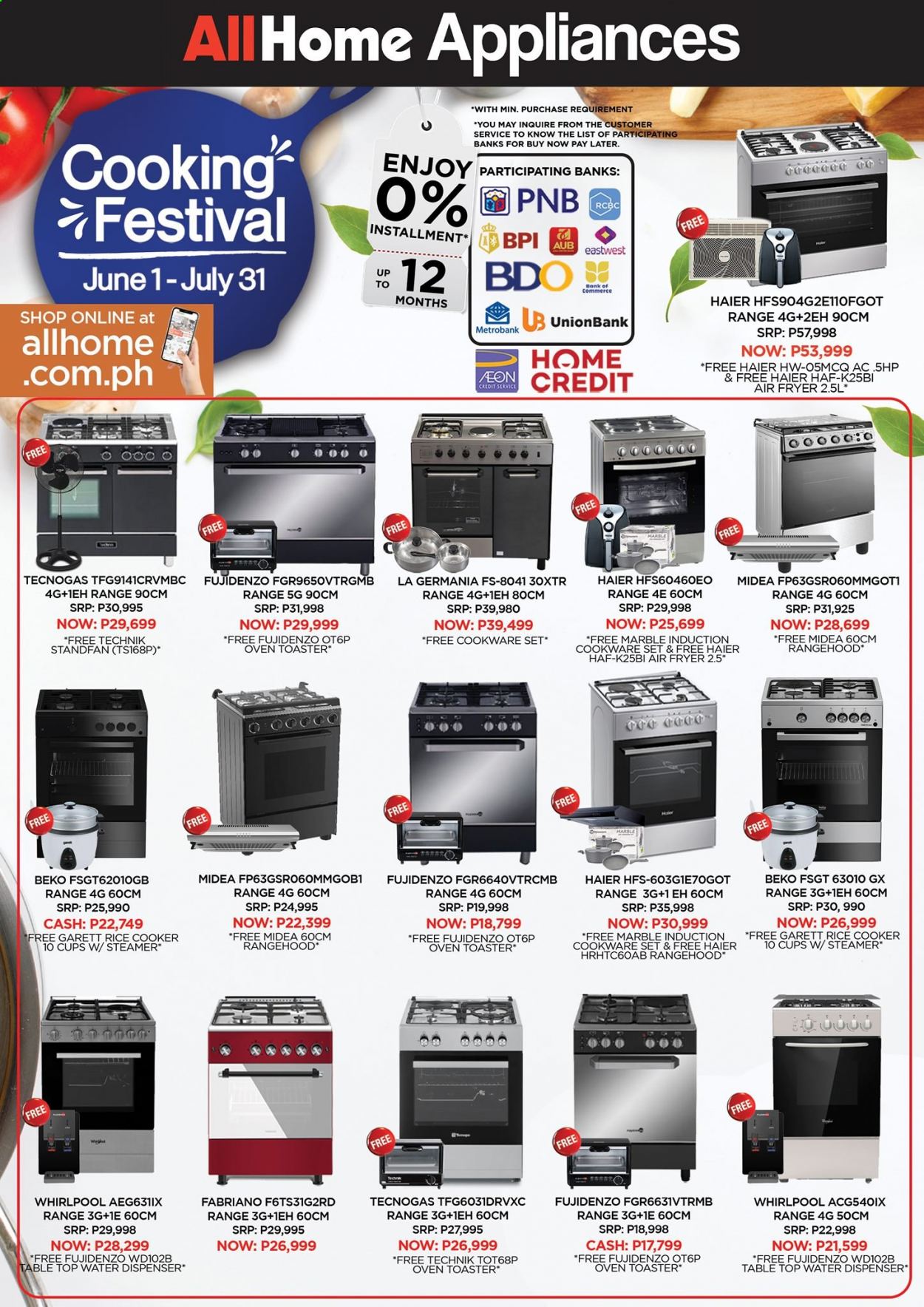 thumbnail - AllHome offer  - 1.6.2021 - 31.7.2021 - Sales products - dispenser, cookware set, rice cooker, cup, Haier, Midea, Whirlpool, Beko, oven, air fryer, table. Page 1.