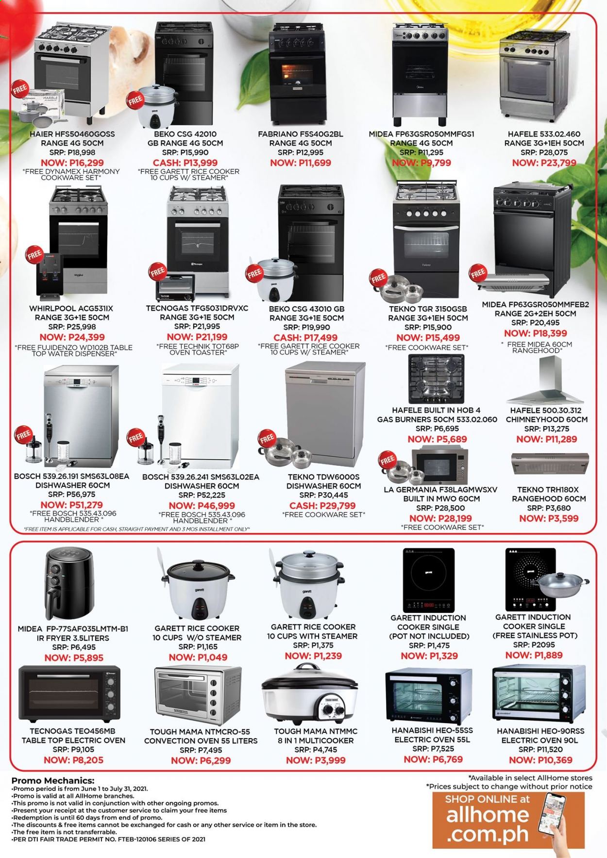 thumbnail - AllHome offer  - 1.6.2021 - 31.7.2021 - Sales products - dispenser, cookware set, pot, rice cooker, cup, Haier, Bosch, Midea, Whirlpool, Beko, oven, convection oven, dishwasher, table, Hafele. Page 11.