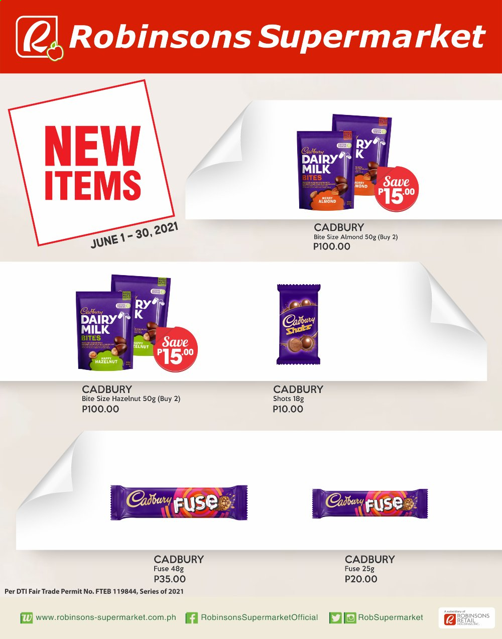 thumbnail - Robinsons Supermarket offer  - 1.6.2021 - 30.6.2021 - Sales products - Cadbury, Dairy Milk. Page 1.