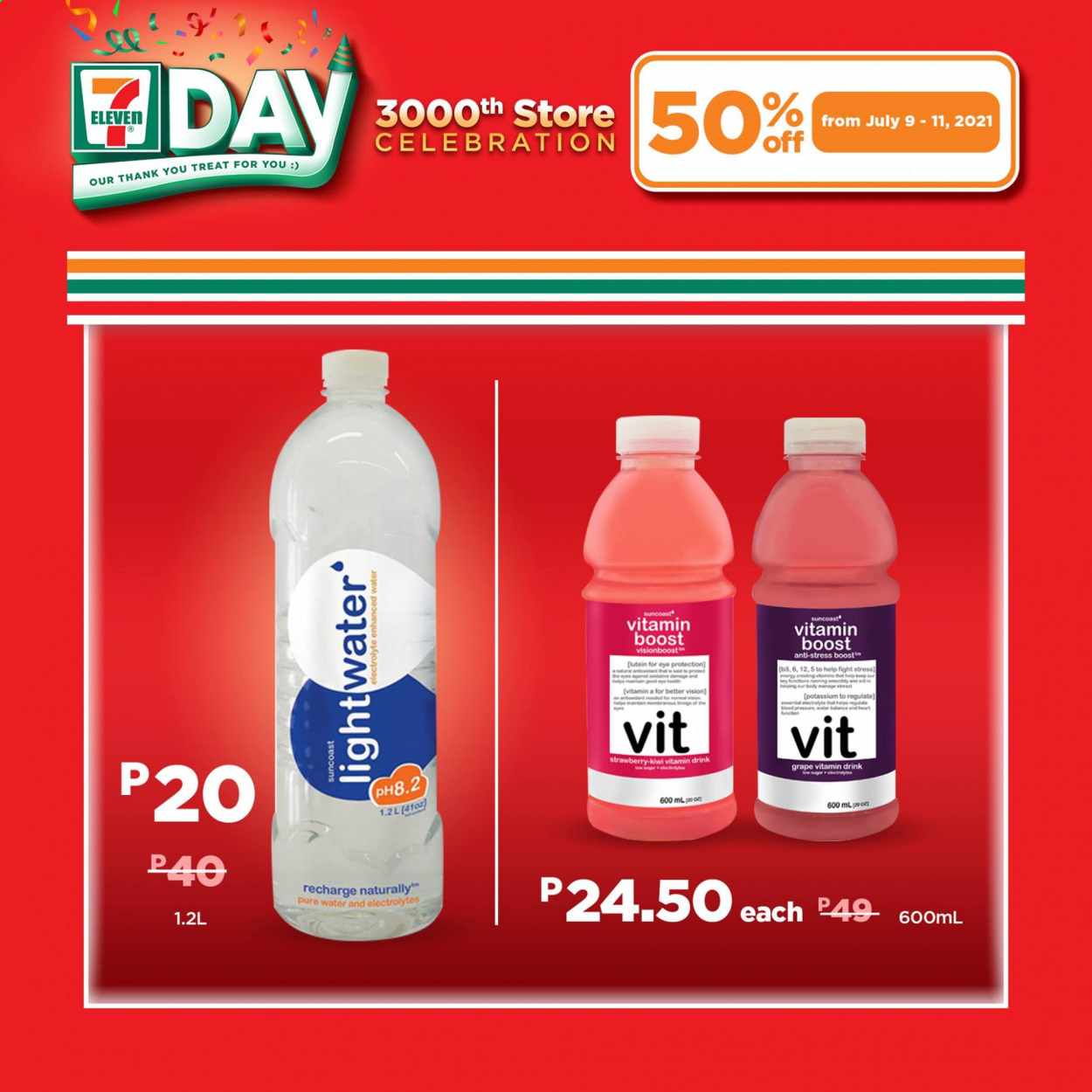 thumbnail - 7 Eleven offer  - 9.7.2021 - 11.7.2021 - Sales products - Celebration, purified water, Boost. Page 16.