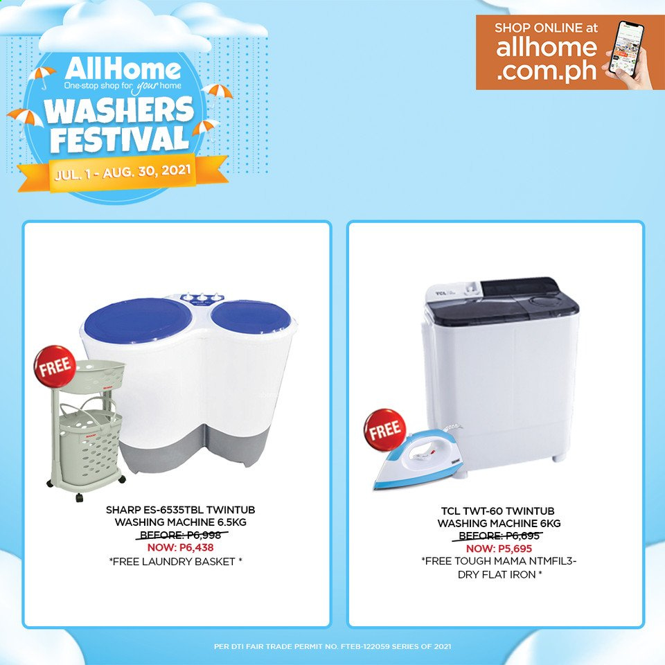 thumbnail - AllHome offer  - 1.7.2021 - 30.8.2021 - Sales products - basket, TCL, Sharp, washing machine, washers. Page 6.