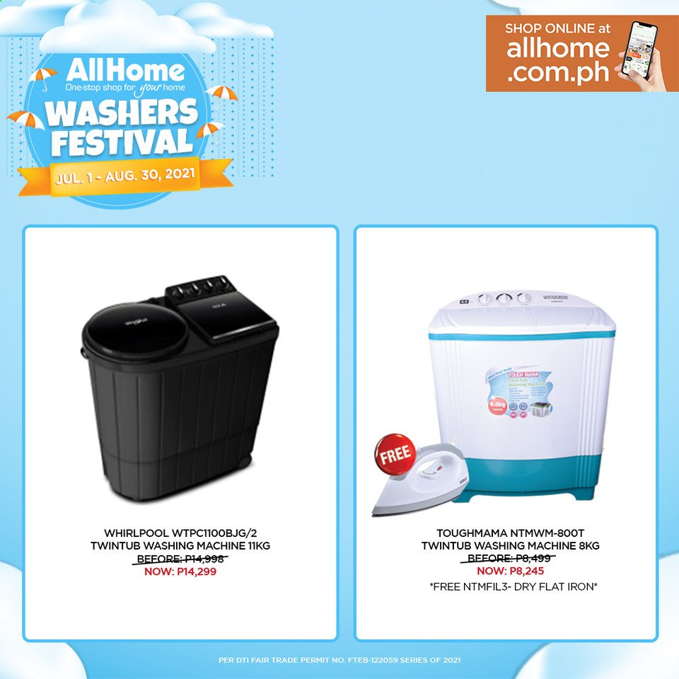 thumbnail - AllHome offer  - 1.7.2021 - 30.8.2021 - Sales products - Whirlpool, washing machine, washers. Page 9.