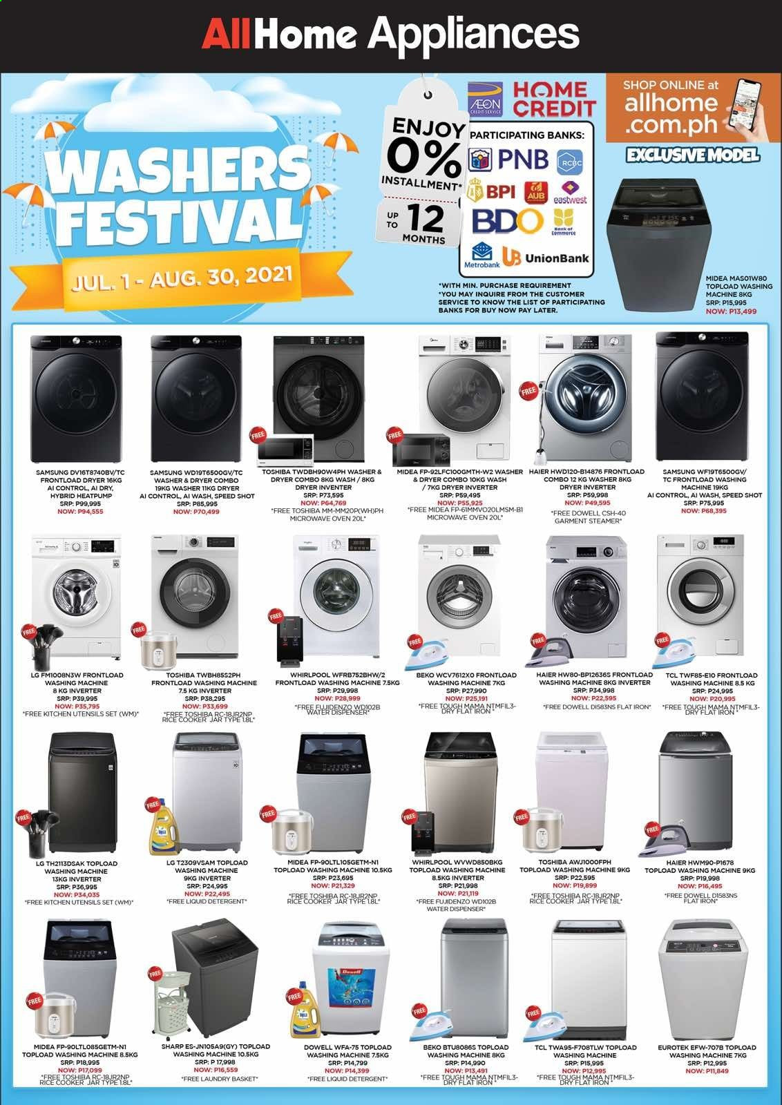 thumbnail - AllHome offer  - 1.7.2021 - 30.8.2021 - Sales products - LG, basket, dispenser, utensils, rice cooker, jar, Samsung, TCL, Haier, Sharp, Toshiba, Midea, Whirlpool, Beko, oven, microwave, washer & dryer, washing machine, washers. Page 11.