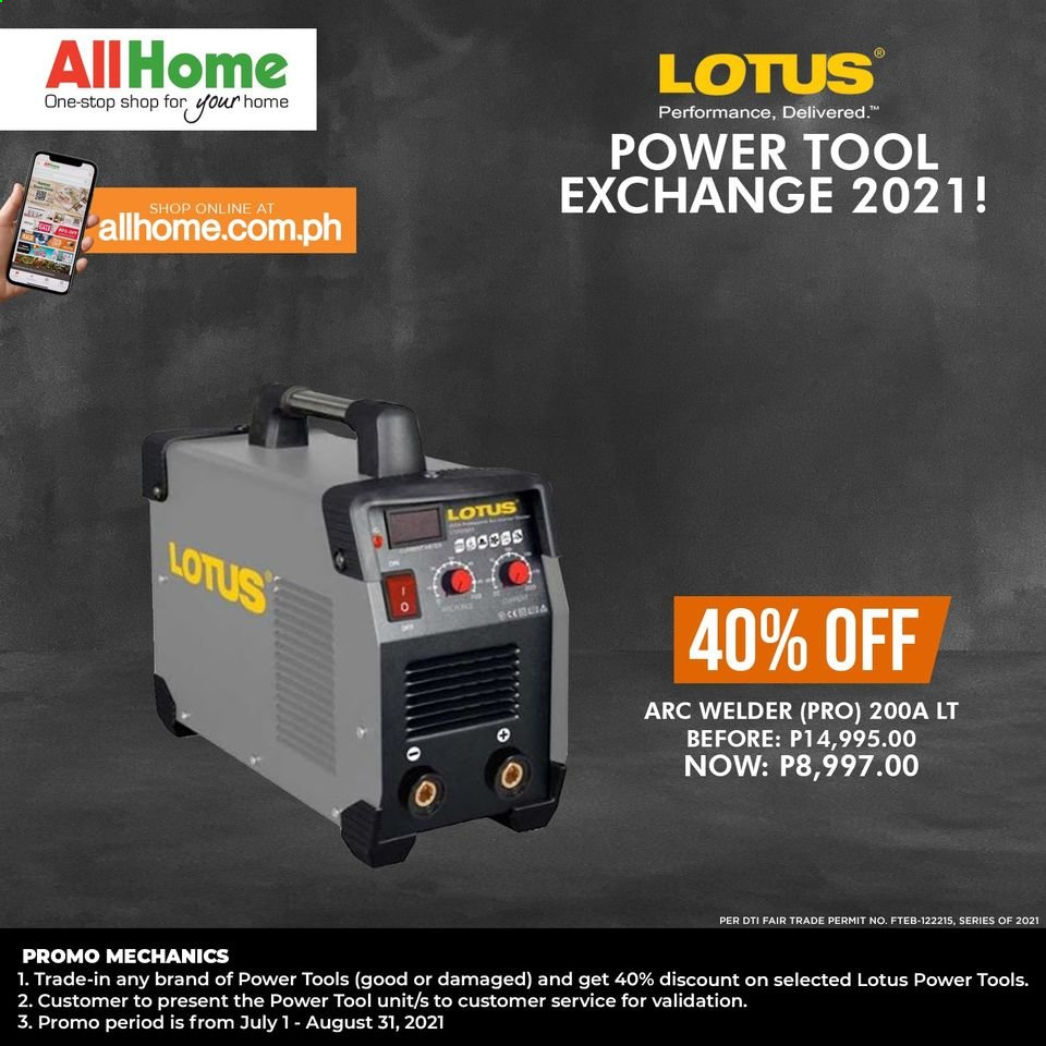 thumbnail - AllHome offer  - 1.7.2021 - 31.8.2021 - Sales products - Lotus, power tools, welder. Page 1.