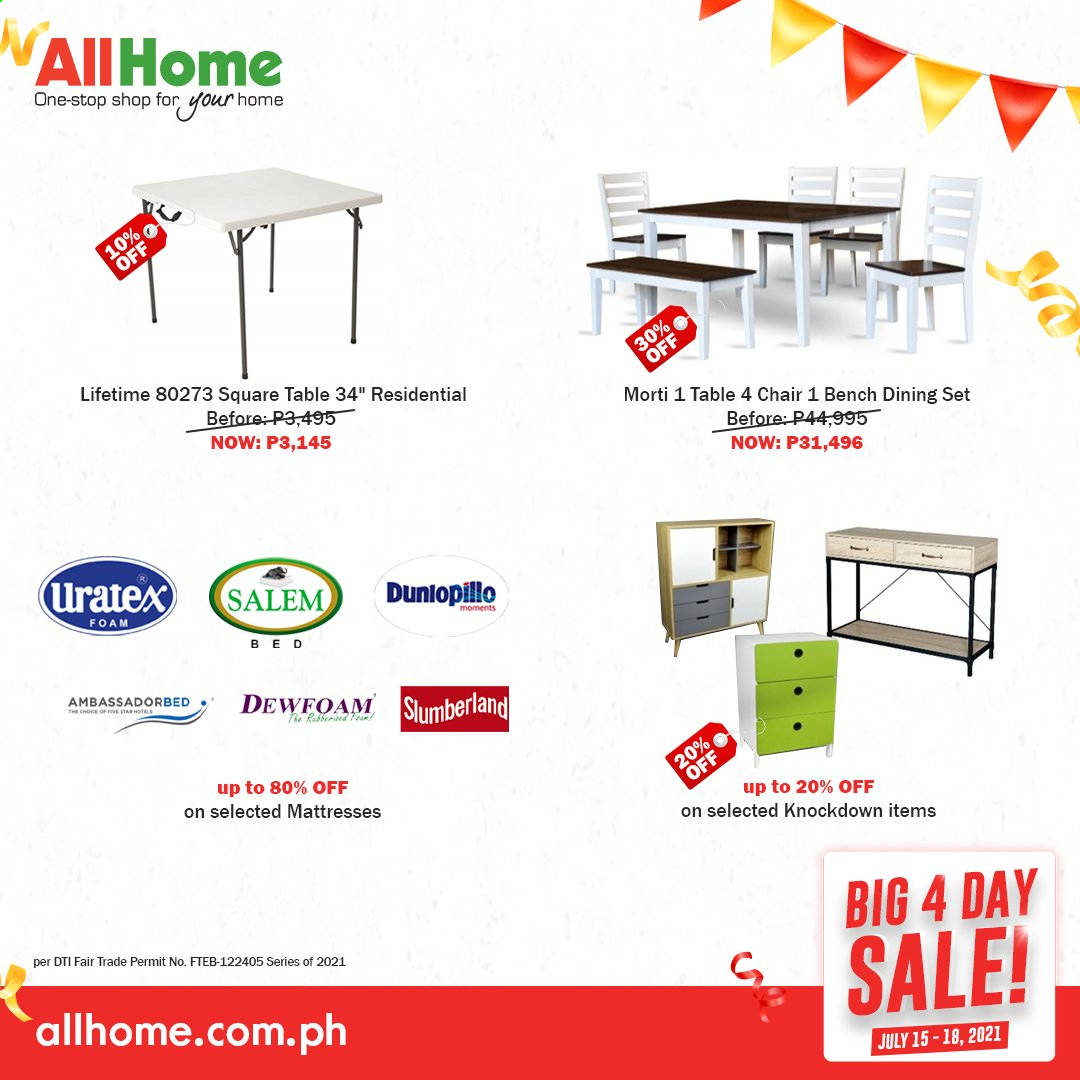 thumbnail - AllHome offer  - 15.7.2021 - 18.7.2021 - Sales products - Moments, dining set, table, chair, bench, bed, mattress. Page 61.