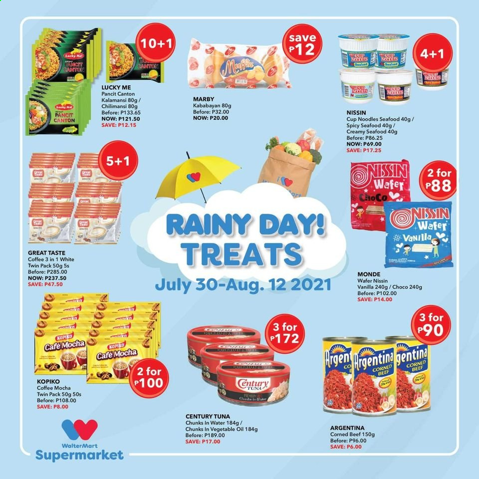 thumbnail - Walter Mart offer  - 30.7.2021 - 12.8.2021 - Sales products - tuna, seafood, noodles cup, noodles, Nissin, corned beef, wafers, oil, coffee, beef meat. Page 1.