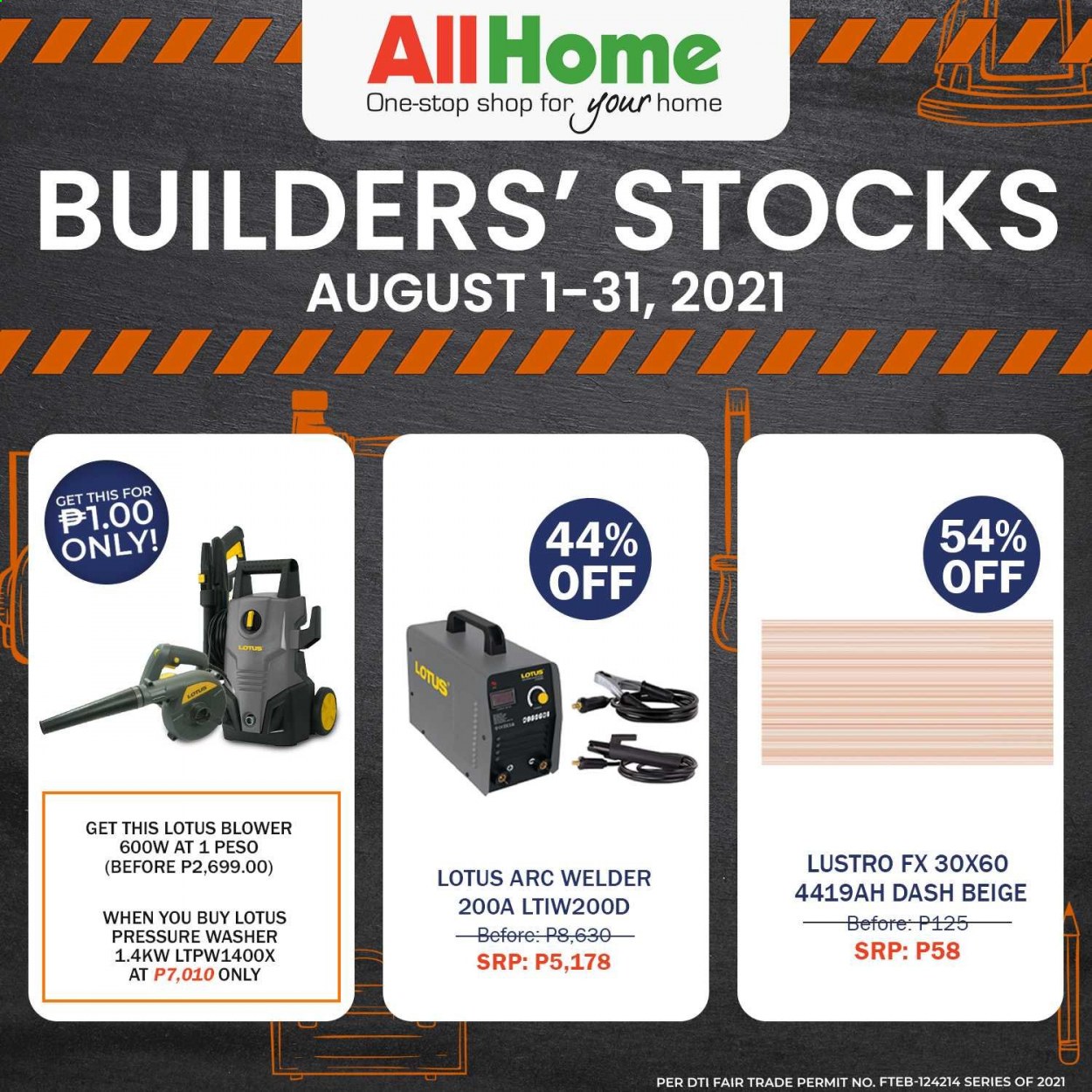 thumbnail - AllHome offer  - 1.8.2021 - 31.8.2021 - Sales products - washing machine, Lotus, blower, welder. Page 1.