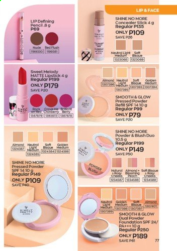 thumbnail - Avon offer  - 1.8.2021 - 31.8.2021 - Sales products - corrector, lipstick, powder blush, face powder, powder foundation. Page 77.