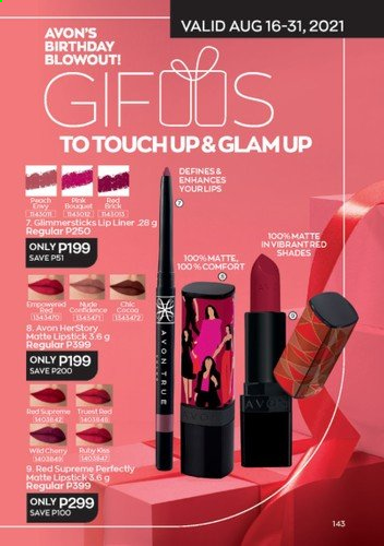 thumbnail - Avon offer  - 1.8.2021 - 31.8.2021 - Sales products - Avon, glimmerstick, lipstick, shades. Page 143.