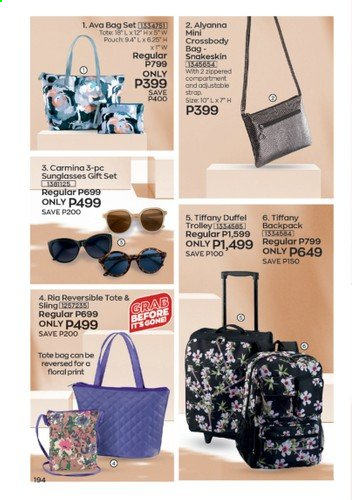thumbnail - Avon offer  - 1.8.2021 - 31.8.2021 - Sales products - gift set, backpack, bag, tote, trolley, cross body bag, sunglasses. Page 194.