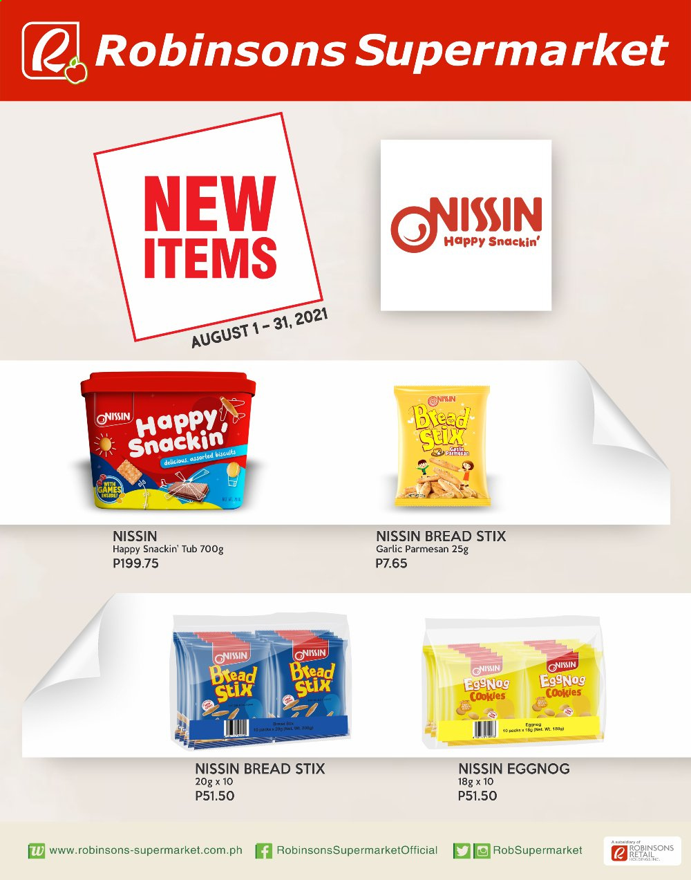 thumbnail - Robinsons Supermarket offer  - 1.8.2021 - 31.8.2021 - Sales products - bread, Nissin, cookies, eggnog. Page 1.