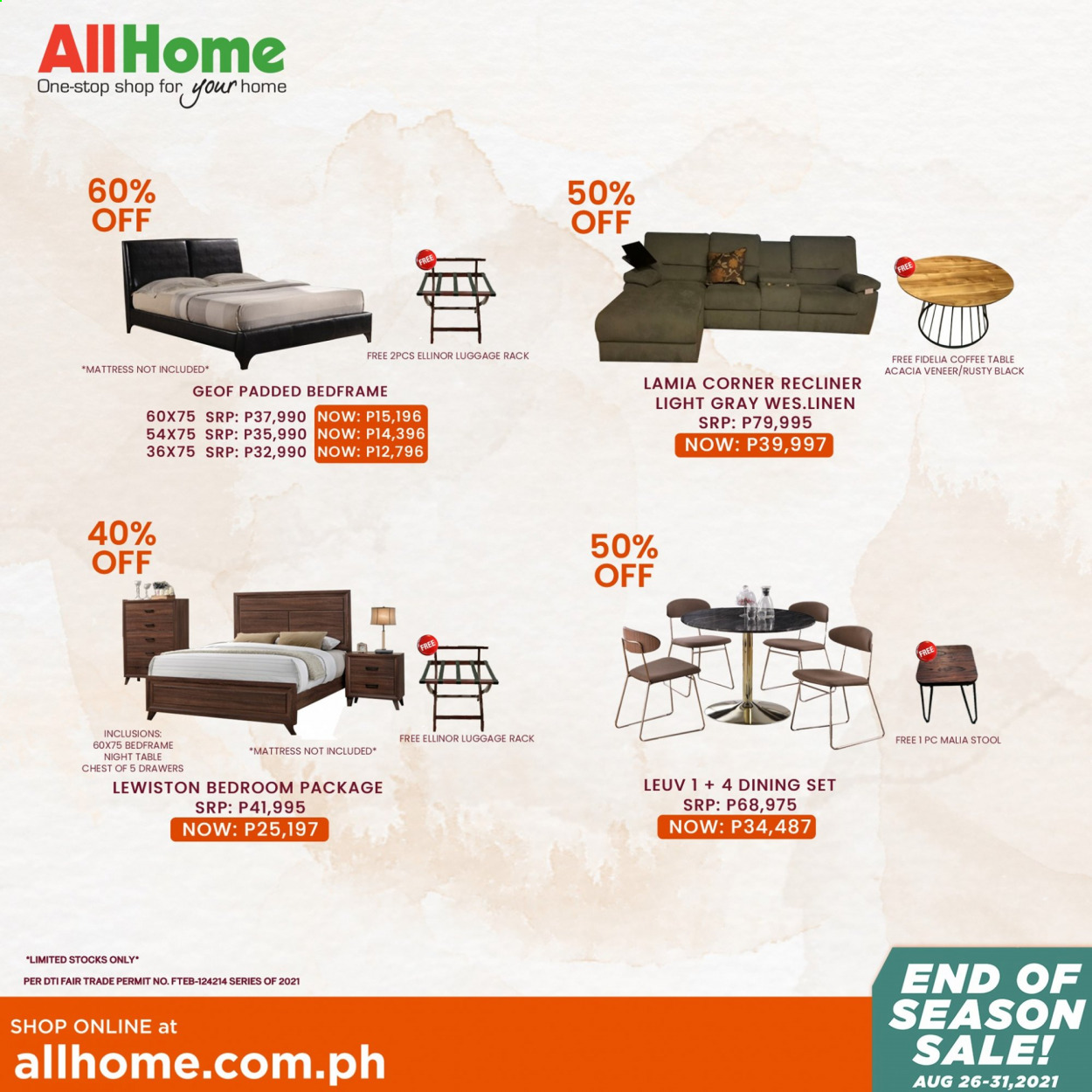 thumbnail - AllHome offer  - 26.8.2021 - 31.8.2021 - Sales products - linens, dining set, table, stool, recliner chair, coffee table, mattress, luggage. Page 2.