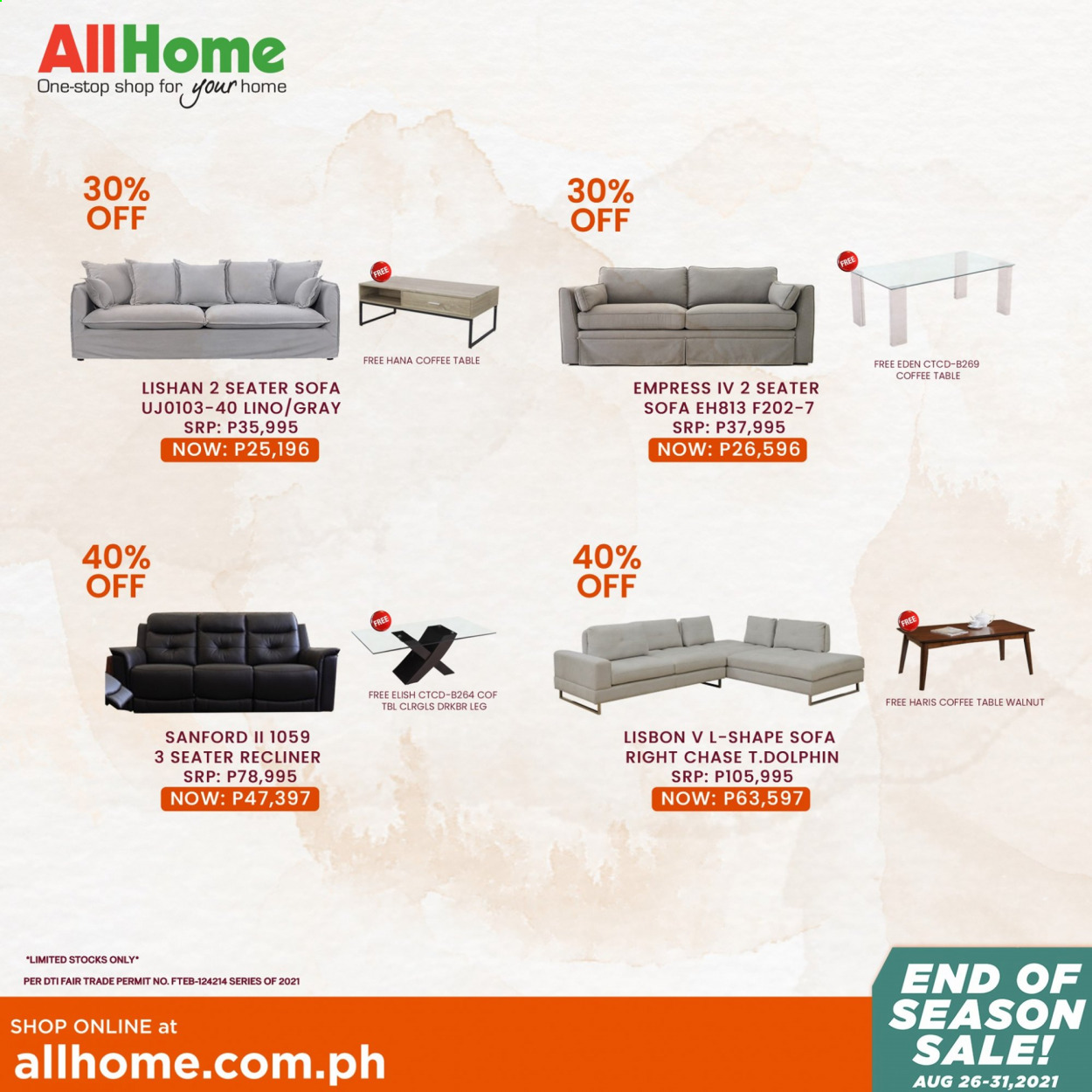 thumbnail - AllHome offer  - 26.8.2021 - 31.8.2021 - Sales products - table, sofa, recliner chair, coffee table. Page 7.