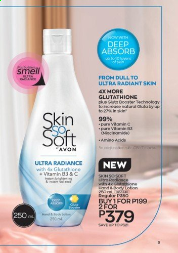 thumbnail - Avon offer  - 1.9.2021 - 30.9.2021 - Sales products - Avon, Skin So Soft, Niacinamide, body lotion. Page 9.