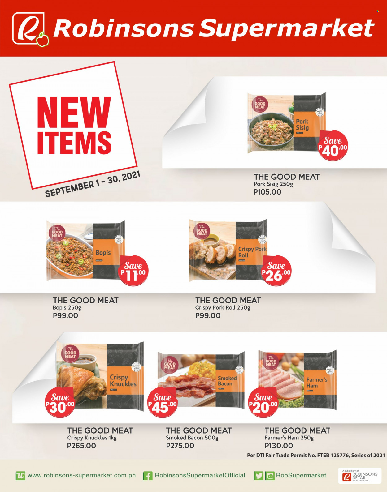 thumbnail - Robinsons Supermarket offer  - 1.9.2021 - 30.9.2021 - Sales products - bacon, ham, crispy pork. Page 1.
