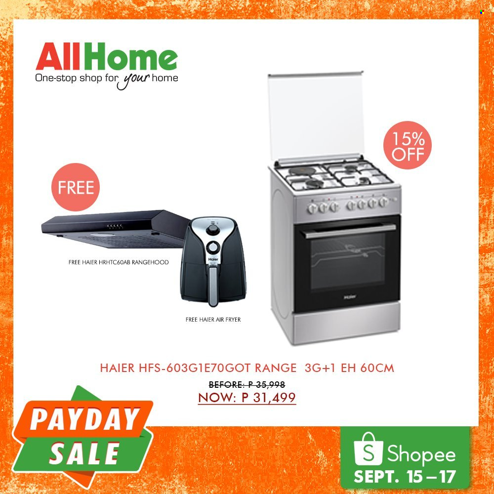 AllHome offer  - 15.9.2021 - 17.9.2021 - Sales products - Haier, air fryer. Page 12.