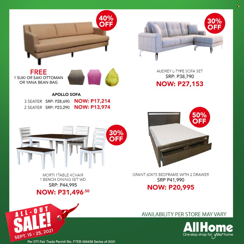 thumbnail - AllHome offer  - 15.9.2021 - 17.9.2021 - Sales products - WD, dining set, bench, sofa, bean bag, ottoman. Page 6.