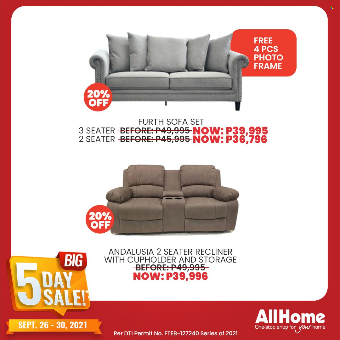 AllHome offer  - 26.9.2021 - 30.9.2021 - Sales products - photo frame, sofa, recliner chair. Page 9.