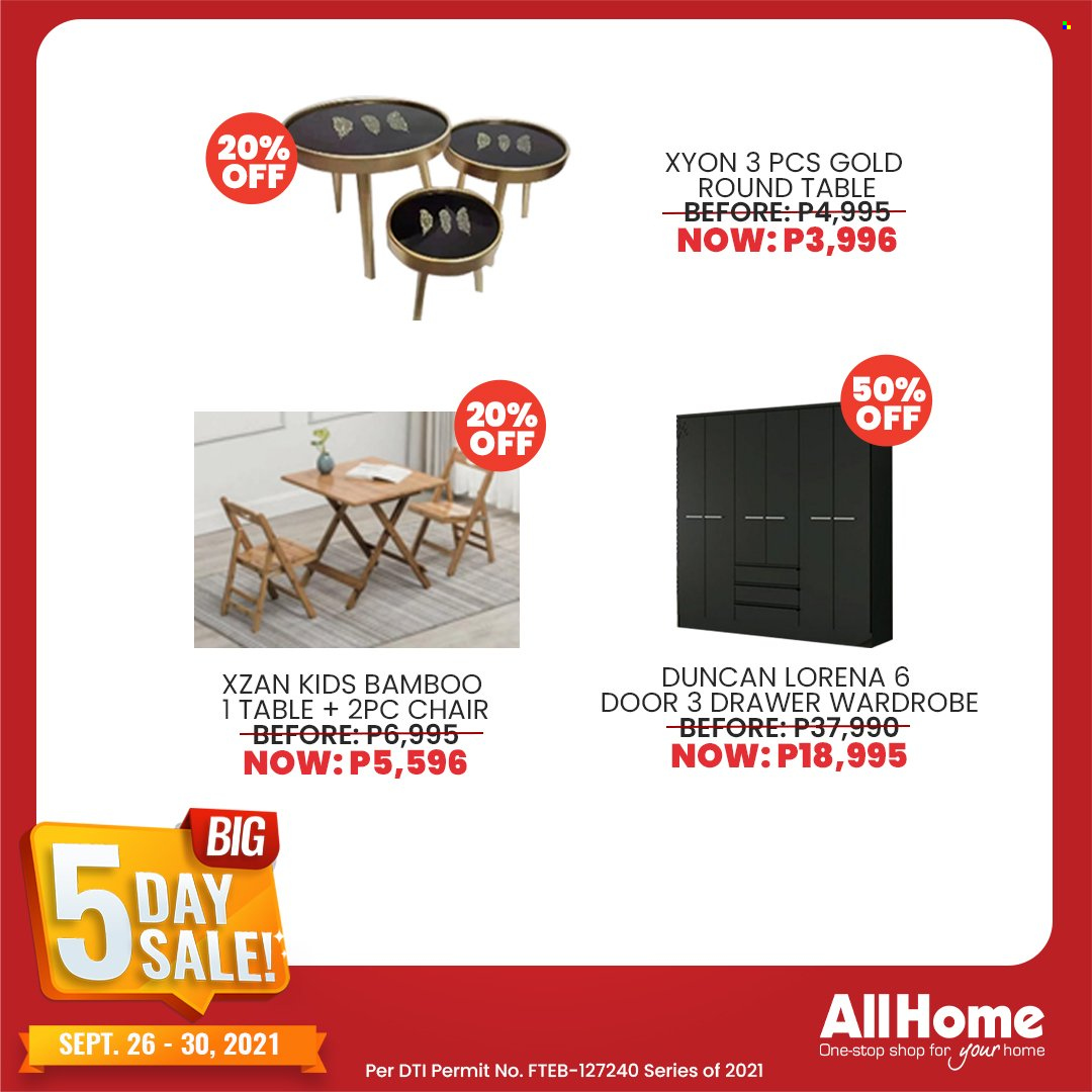 AllHome offer  - 26.9.2021 - 30.9.2021 - Sales products - table, chair, wardrobe. Page 20.