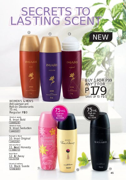 thumbnail - Avon offer  - 1.10.2021 - 31.10.2021 - Sales products - Avon, roll-on, Imari, deodorant. Page 45.