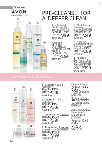 thumbnail - Avon offer  - 1.10.2021 - 31.10.2021 - Sales products - Avon, cleanser, day cream, toner, body lotion, makeup remover. Page 84.